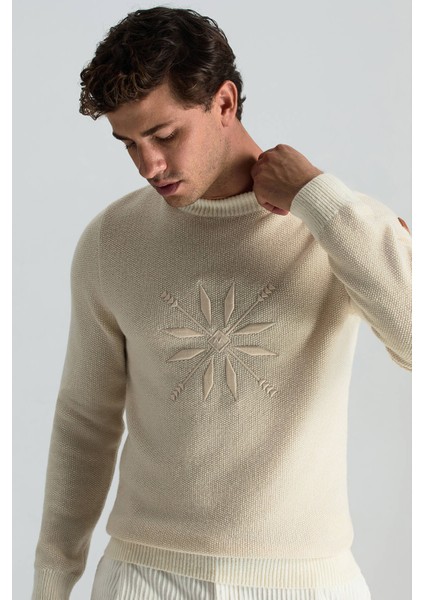 Kaşmir Yün Karışım Kar Desenli Bisiklet Yaka Ekru Kazak