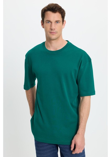 Unisex Oversize Geniş Kesim %100 Pamuk Yumuşak Dokulu Basic Bisiklet Yaka Yeşil Tişört