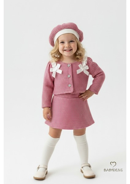 Kız Bebek Kazayağı Desenli Etek Ceket Şapka Takımı,oduncu Kumaş Kışlık 3’lü Kombin Düğme ve Fiyonklu