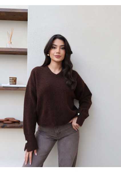 V Yaka Kol Düğmeli Yumoş Kazak fiyatları