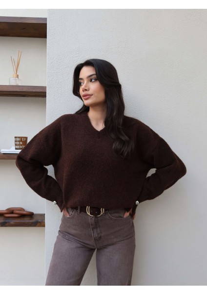 V Yaka Kol Düğmeli Yumoş Kazak fırsatları