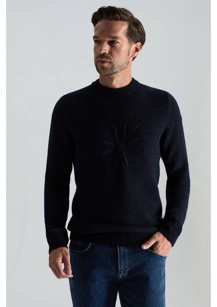 Kaşmir Yün Karışım Kar Desenli Bisiklet Yaka Lacivert Kazak