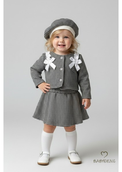 Kız Bebek Kazayağı Desenli Etek Ceket Şapka Takımı,oduncu Kumaş Kışlık 3’lü Kombin Düğme ve Fiyonklu