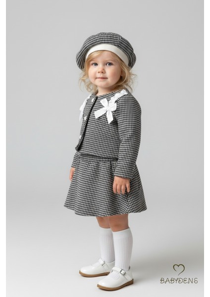 Kız Bebek Kazayağı Desenli Etek Ceket Şapka Takımı,oduncu Kumaş Kışlık 3’lü Kombin Düğme ve Fiyonklu fiyatları