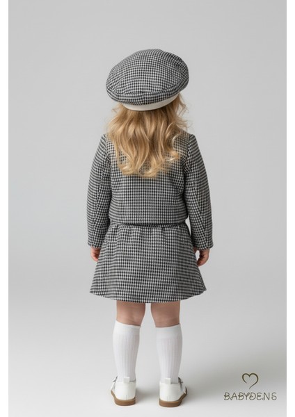 Kız Bebek Kazayağı Desenli Etek Ceket Şapka Takımı,oduncu Kumaş Kışlık 3’lü Kombin Düğme ve Fiyonklu modelleri