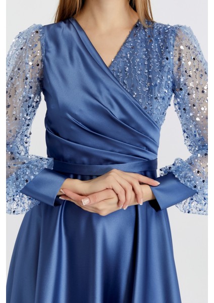 Kadın Abiye ve Mezuniyet Kruvaze Yaka Elbise Saten Kumaş ve Inci Boncuklu Tül Abiye Elbise modelleri