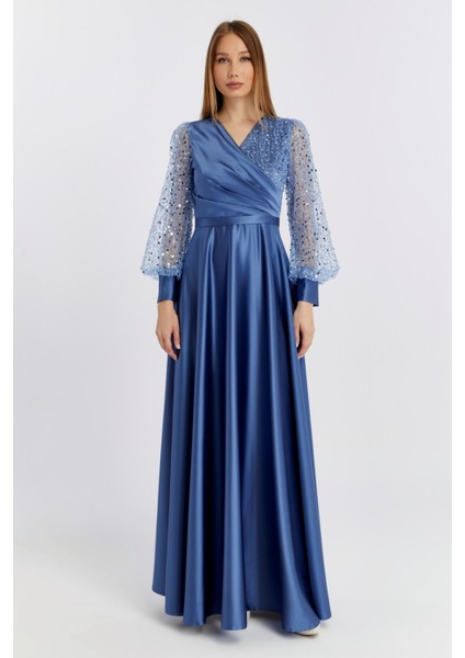 Kadın Abiye ve Mezuniyet Kruvaze Yaka Elbise Saten Kumaş ve Inci Boncuklu Tül Abiye Elbise