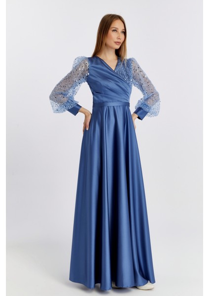 Kadın Abiye ve Mezuniyet Kruvaze Yaka Elbise Saten Kumaş ve Inci Boncuklu Tül Abiye Elbise fırsatları