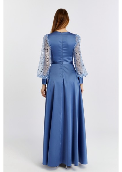 Kadın Abiye ve Mezuniyet Kruvaze Yaka Elbise Saten Kumaş ve Inci Boncuklu Tül Abiye Elbise indirimleri