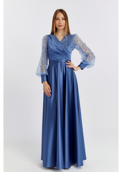 Kadın Abiye ve Mezuniyet Kruvaze Yaka Elbise Saten Kumaş ve Inci Boncuklu Tül Abiye Elbise