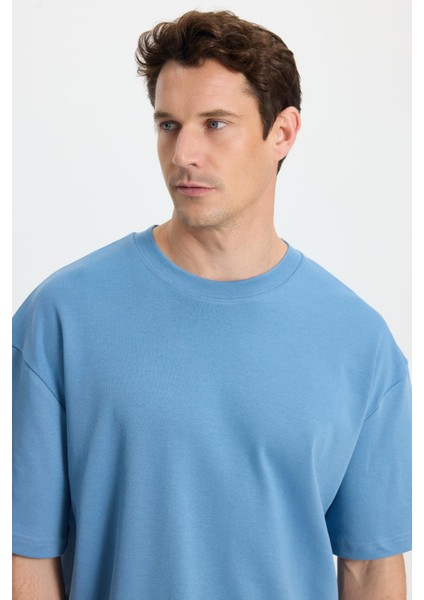 Unisex Oversize Geniş Kesim %100 Pamuk Yumuşak Dokulu Basic Bisiklet Yaka Indigo Tişört