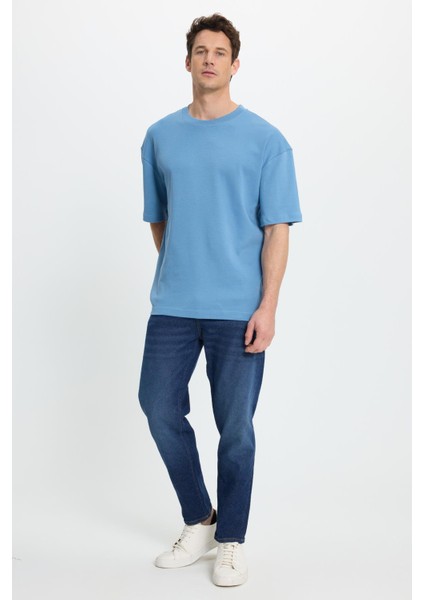 Unisex Oversize Geniş Kesim %100 Pamuk Yumuşak Dokulu Basic Bisiklet Yaka Indigo Tişört fırsatları