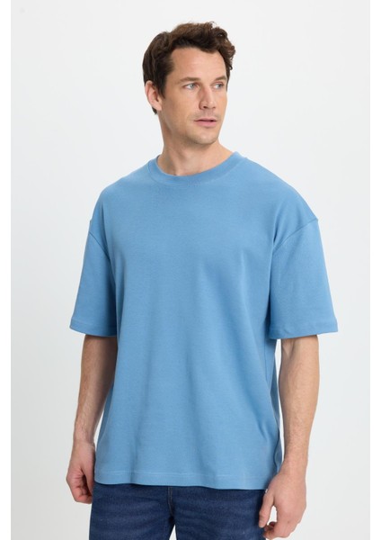 Unisex Oversize Geniş Kesim %100 Pamuk Yumuşak Dokulu Basic Bisiklet Yaka Indigo Tişört indirimleri