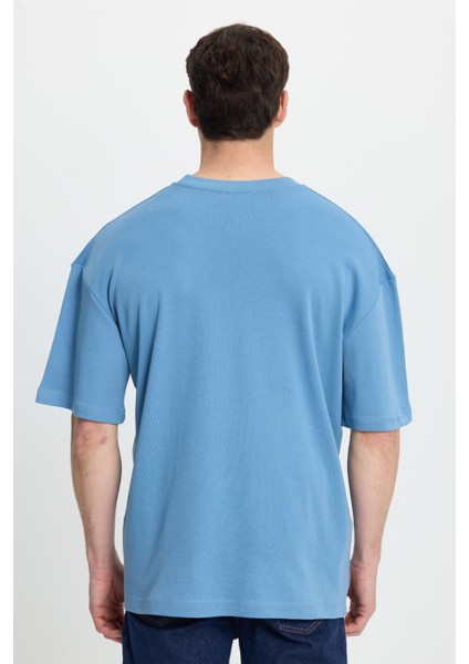 Unisex Oversize Geniş Kesim %100 Pamuk Yumuşak Dokulu Basic Bisiklet Yaka Indigo Tişört