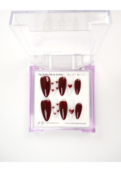 10'lu Bordo Uzun Badem UBD1521 Tekrar Kullanılabilir El Yapımı Protez Takma Tırnak - Bordo-XS modelleri