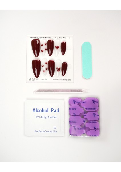 10'lu Bordo Uzun Badem UBD1521 Tekrar Kullanılabilir El Yapımı Protez Takma Tırnak - Bordo-XS fırsatları