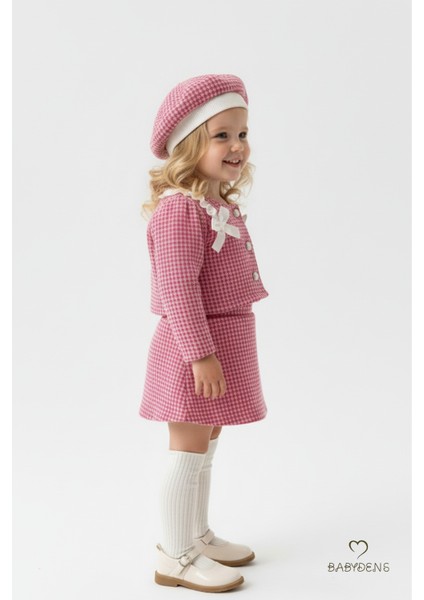 Kız Bebek Kazayağı Desenli Etek Ceket Şapka Takımı,oduncu Kumaş Kışlık 3’lü Kombin Düğme ve Fiyonklu fiyatları