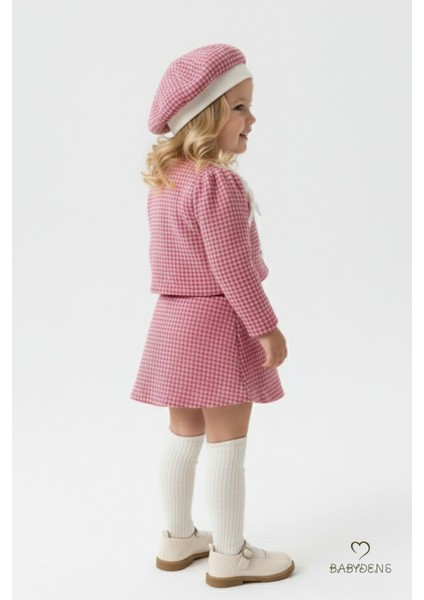 Kız Bebek Kazayağı Desenli Etek Ceket Şapka Takımı,oduncu Kumaş Kışlık 3’lü Kombin Düğme ve Fiyonklu modelleri