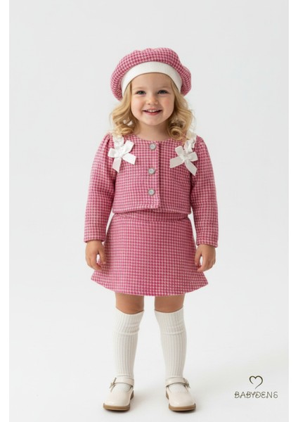 Kız Bebek Kazayağı Desenli Etek Ceket Şapka Takımı,oduncu Kumaş Kışlık 3’lü Kombin Düğme ve Fiyonklu fırsatları