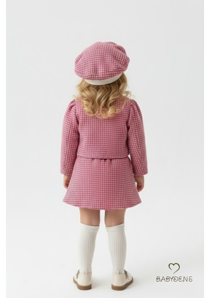 Kız Bebek Kazayağı Desenli Etek Ceket Şapka Takımı,oduncu Kumaş Kışlık 3’lü Kombin Düğme ve Fiyonklu indirimleri