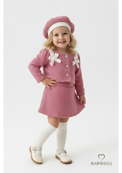 Kız Bebek Kazayağı Desenli Etek Ceket Şapka Takımı,oduncu Kumaş Kışlık 3’lü Kombin Düğme ve Fiyonklu