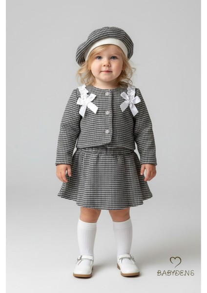 Kız Bebek Kazayağı Desenli Etek Ceket Şapka Takımı,oduncu Kumaş Kışlık 3’lü Kombin Düğme ve Fiyonklu indirimleri