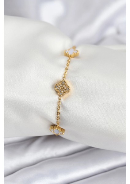 316L Çelik Gold Renk Beyaz ve Zirkon Taşlı Baby Boy Yonca Kadın Bileklik