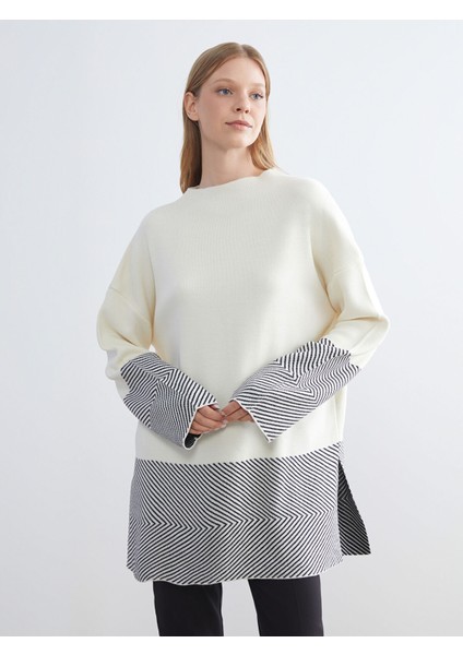 Yeni Sezon Kayık Yaka Desenli Kadın Triko Tunik