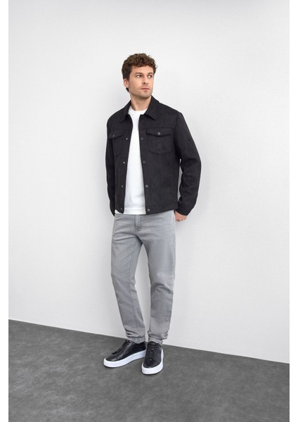 Siyah Gömlek Yaka Çıt Çıt Kapamalı Süet Ceket