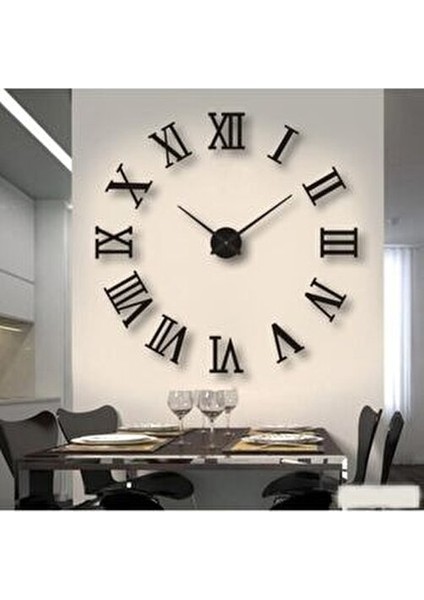 Platin Siyah 3D Büyük Boy Roma Rakamlı Ahşap Yapışkanlı Duvar Saati 48 x 48 cm