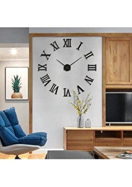 Platin Siyah 3D Büyük Boy Roma Rakamlı Ahşap Yapışkanlı Duvar Saati 48 x 48 cm fiyatları