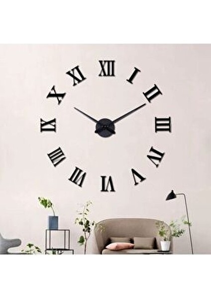 Platin Siyah 3D Büyük Boy Roma Rakamlı Ahşap Yapışkanlı Duvar Saati 48 x 48 cm modelleri
