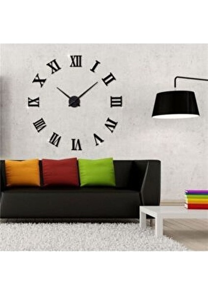 Platin Siyah 3D Büyük Boy Roma Rakamlı Ahşap Yapışkanlı Duvar Saati 48 x 48 cm fırsatları