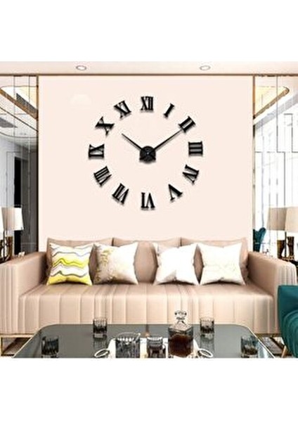 Platin Siyah 3D Büyük Boy Roma Rakamlı Ahşap Yapışkanlı Duvar Saati 48 x 48 cm