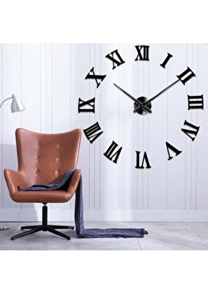Platin Siyah 3D Büyük Boy Roma Rakamlı Ahşap Yapışkanlı Duvar Saati 48 x 48 cm