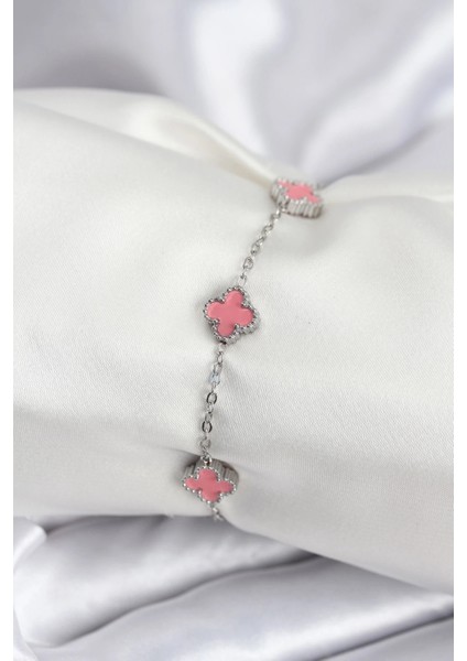 316L Çelik Gümüş Renk Pembe Baby Boy Yonca Kadın Bileklik