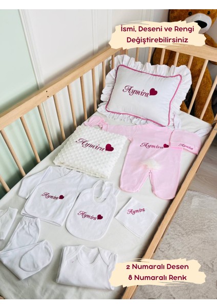 Isimli Hastane Çıkış Seti, Takı Yastığı ve Puset Örtüsü %100 Pamuk 12 Parça 0-3 Ay Nakışlı