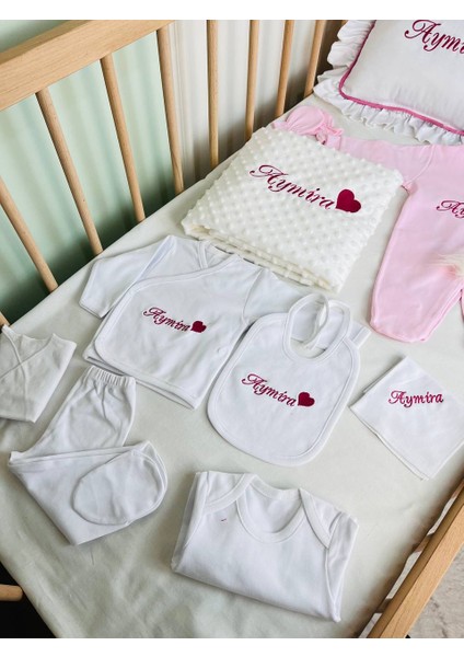Isimli Hastane Çıkış Seti, Takı Yastığı ve Puset Örtüsü %100 Pamuk 12 Parça 0-3 Ay Nakışlı modelleri