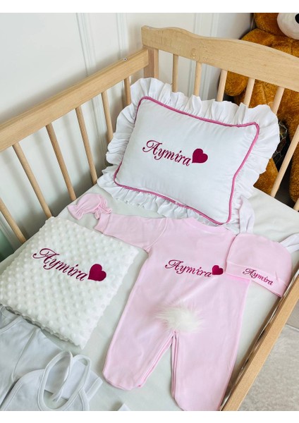 Isimli Hastane Çıkış Seti, Takı Yastığı ve Puset Örtüsü %100 Pamuk 12 Parça 0-3 Ay Nakışlı indirimleri