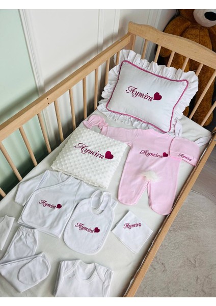 Isimli Hastane Çıkış Seti, Takı Yastığı ve Puset Örtüsü %100 Pamuk 12 Parça 0-3 Ay Nakışlı