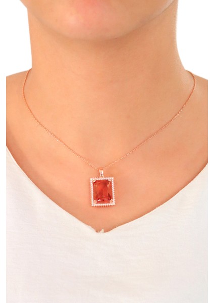 Zultanit Taşlı Dikdörtgen Model Rose Kaplama Gümüş Kolye 201024752 modelleri