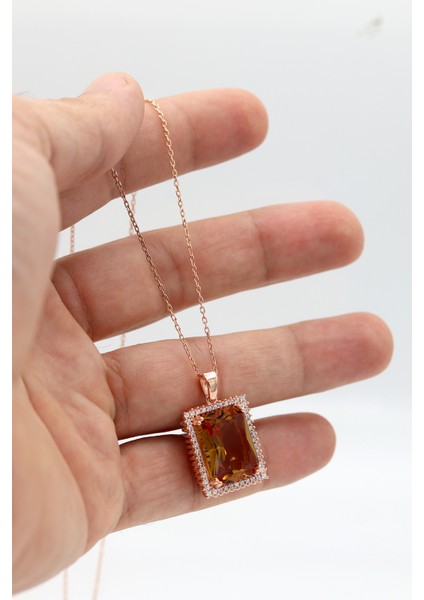 Zultanit Taşlı Dikdörtgen Model Rose Kaplama Gümüş Kolye 201024752 indirimleri