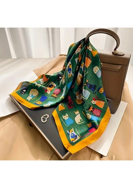 Trendlover Kedi Desenli Yeşil Eşarp, Fular, Bandana