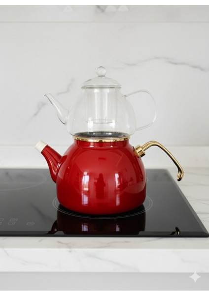 Emaye Cam Demlikli Çaydanlık