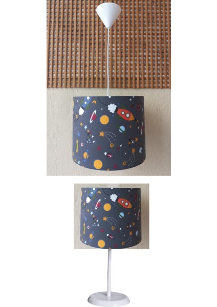 Uzay Mavi 2.li Set M-481 Kumaş Kaplama Genç ve Çocuk Odası Avize ve Abajur Takımı