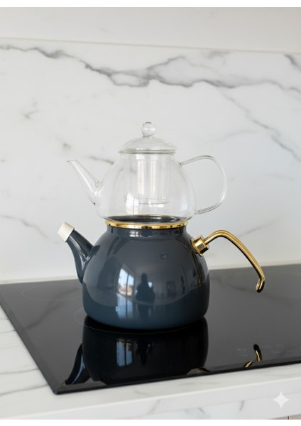 Emaye Cam Demlikli Çaydanlık