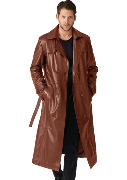 Taba Matrix Hakiki Deri Kruvaze Düğme Kapamalı Yırtmaçlı Astarlı Kemerli Trençkot Erkek Kaban