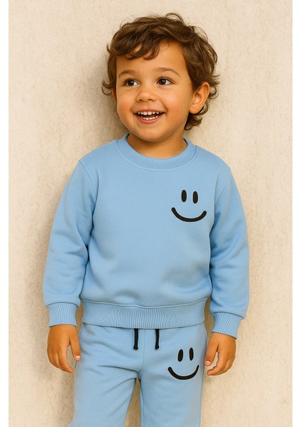 Çocuk Gülen Surat Baskılı Eşofman Takımı Mavi fiyatları