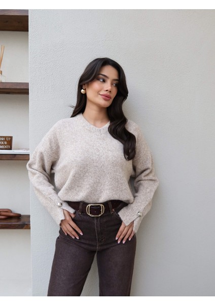 V Yaka Kol Düğmeli Yumoş Kazak fiyatları