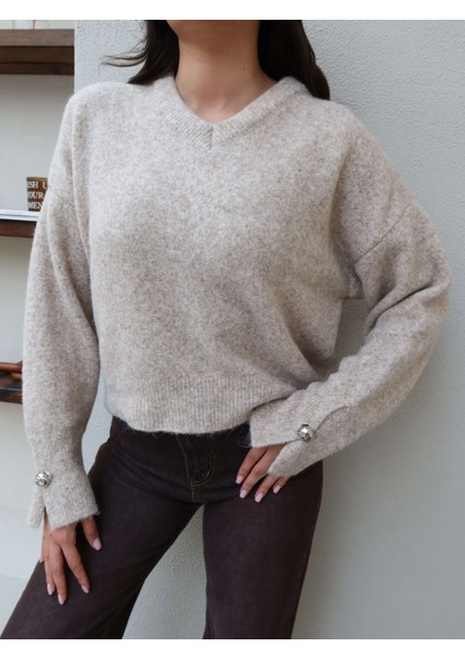 V Yaka Kol Düğmeli Yumoş Kazak modelleri